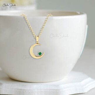 Natural 0.03ct Emerald Half Moon Pendant In 14k Real Gold