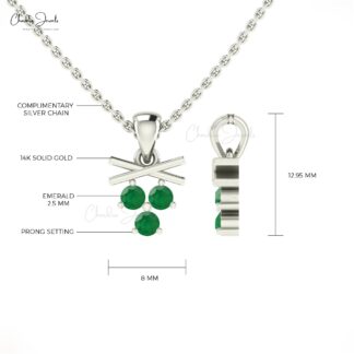 Dangle 3 Stone Pendant With 2.5mm Emerald Gemstone Prong Set In 14k Pure Gold Necklace