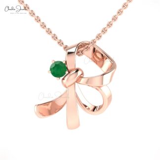 Genuine Emerald Knot Pendant In Pure 14k Gold Gemstone 3mm Round Cut Curved Jewelry