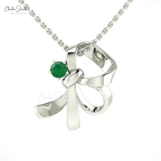 Genuine Emerald Knot Pendant In Pure 14k Gold Gemstone 3mm Round Cut Curved Jewelry