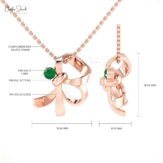 Genuine Emerald Knot Pendant In Pure 14k Gold Gemstone 3mm Round Cut Curved Jewelry