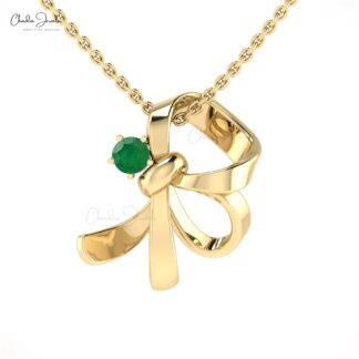 Genuine Emerald Knot Pendant In Pure 14k Gold Gemstone 3mm Round Cut Curved Jewelry