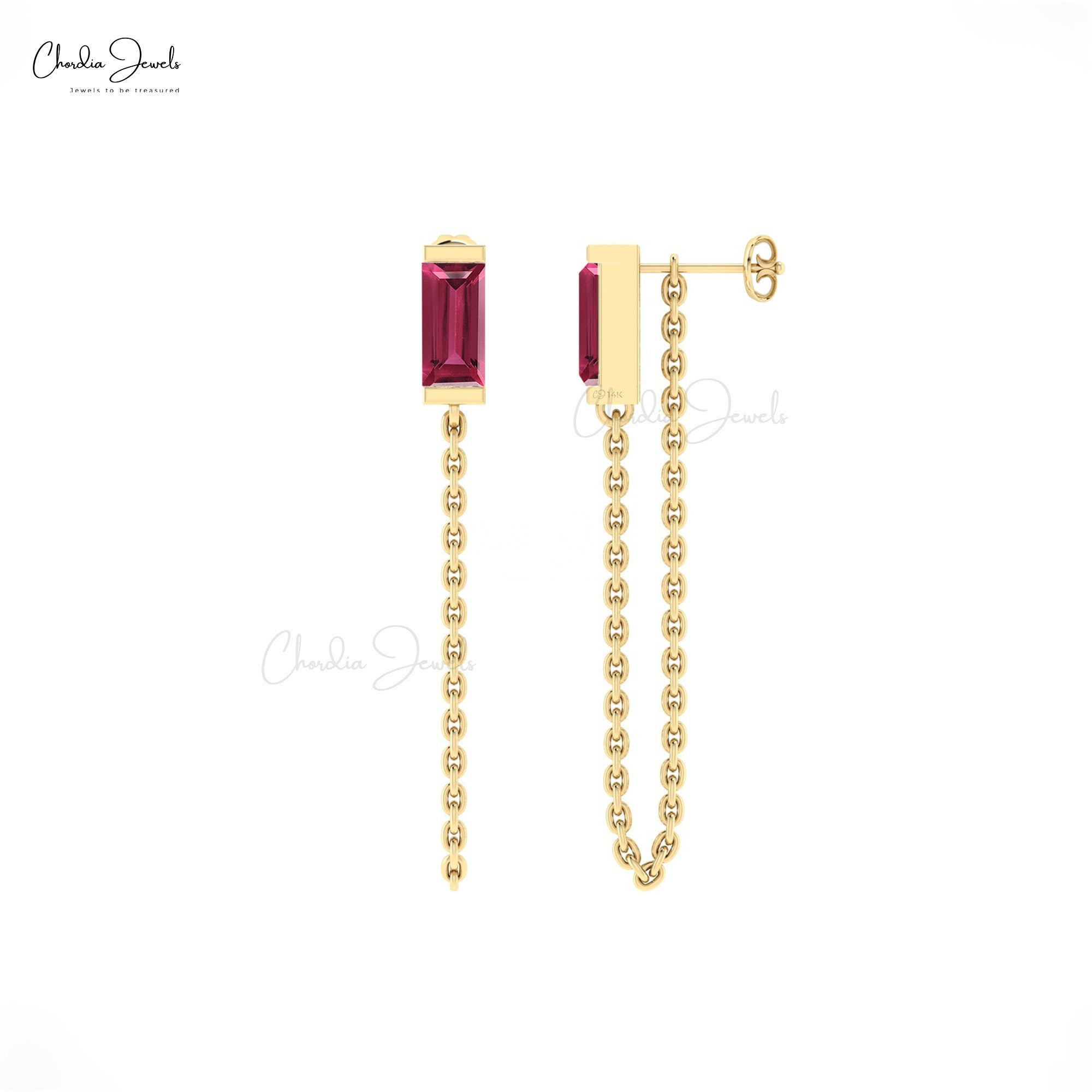 Solitaire Modern Earring With 6x3mm Pink Tourmaline Half Bezel In 14k Real Gold Earrings