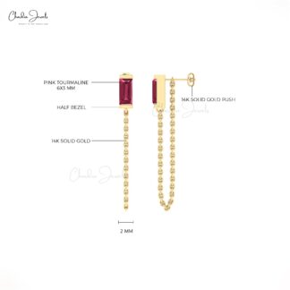 Solitaire Modern Earring With 6x3mm Pink Tourmaline Half Bezel In 14k Real Gold Earrings