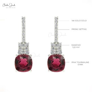 AAA Pink Tourmaline Unique Studs In Real 14k Gold G-H Diamond Push Back Women Earrings
