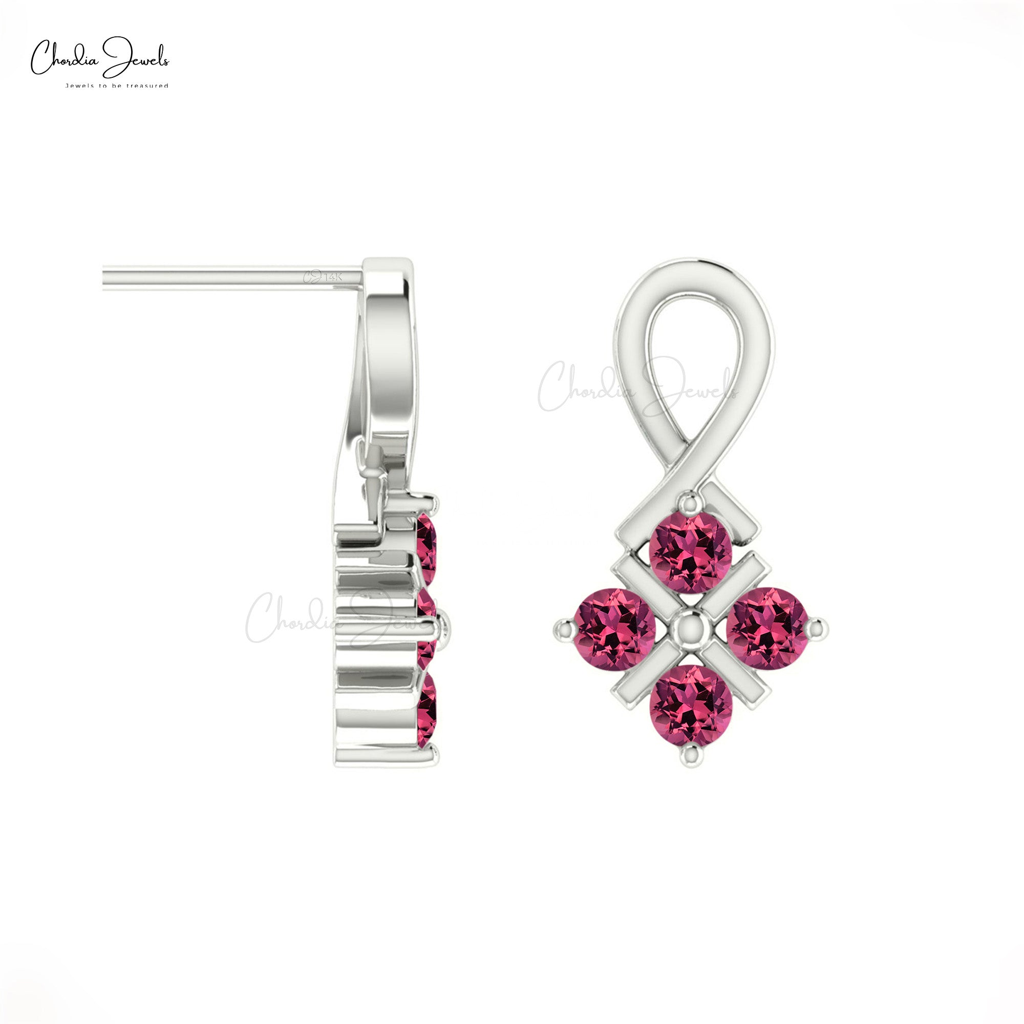 Cluster Women Studs In 14k Real Gold Pink Tourmaline 0.40 Ct Gemstone Twisted Earrings