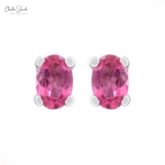 Solitaire Gemstone Studs With 0.88 Ct Pink Tourmaline 14k Pure White Gold Dainty Earrings