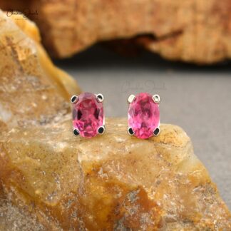Solitaire Gemstone Studs With 0.88 Ct Pink Tourmaline 14k Pure White Gold Dainty Earrings