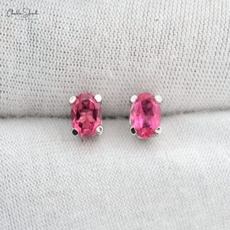 Solitaire Gemstone Studs With 0.88 Ct Pink Tourmaline 14k Pure White Gold Dainty Earrings