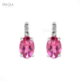 AAA Pink Tourmaline 2 Stone Earrings In 14k White Gold G-H Diamond Fine Bridal Jewelry
