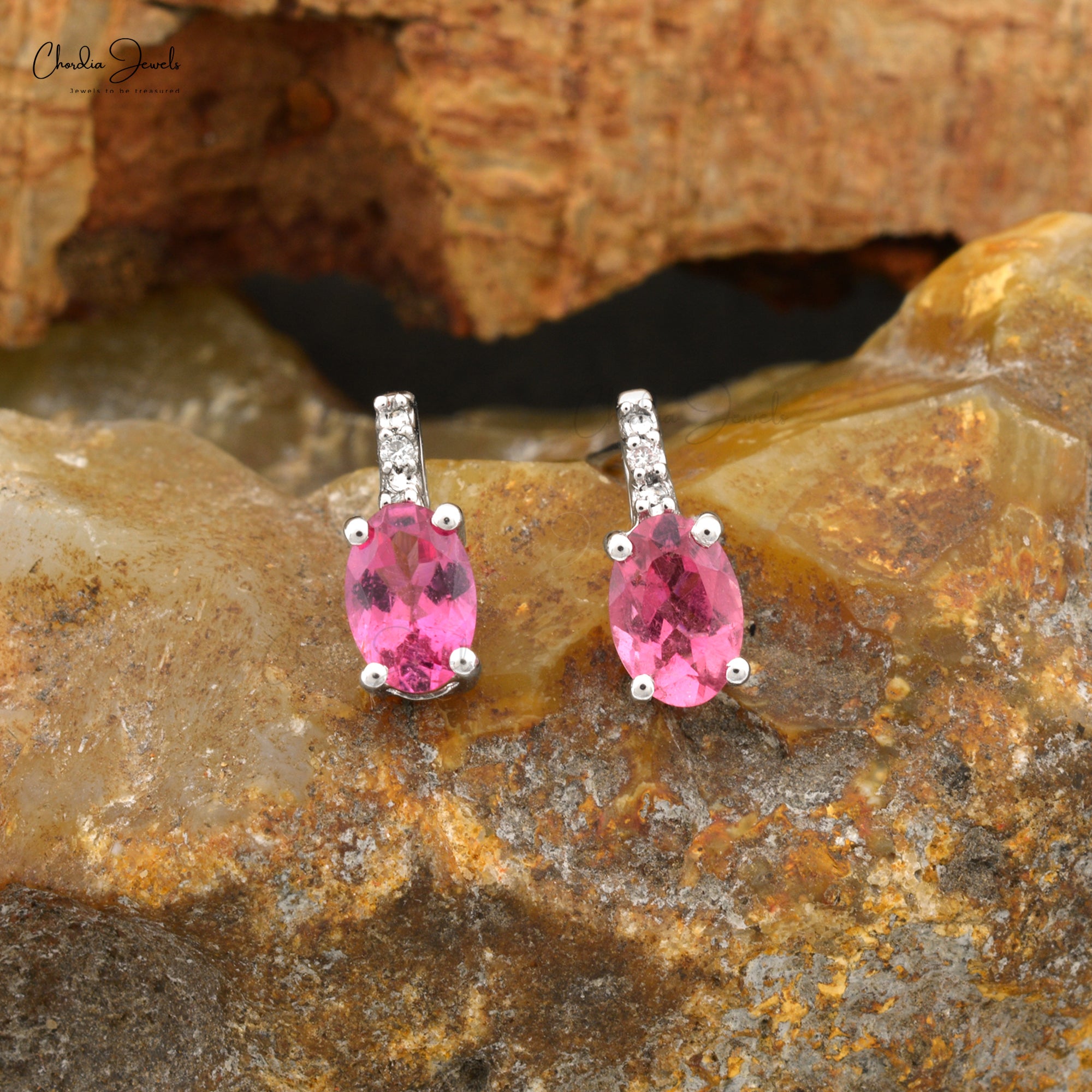 AAA Pink Tourmaline 2 Stone Earrings In 14k White Gold G-H Diamond Fine Bridal Jewelry