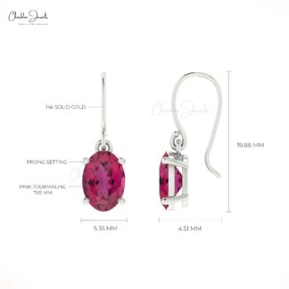 Natural Pink Tourmaline Dangle Earrings 14k Solid Gold Fish Hook Earrings For Her