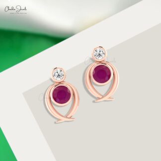 Bezel Set 2 Stone Studs In 14k Pure Gold Burma Ruby 0.9 Ct Gemstone And Diamond Earrings