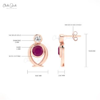 Bezel Set 2 Stone Studs In 14k Pure Gold Burma Ruby 0.9 Ct Gemstone And Diamond Earrings