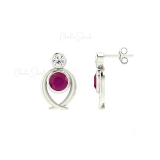 Bezel Set 2 Stone Studs In 14k Pure Gold Burma Ruby 0.9 Ct Gemstone And Diamond Earrings