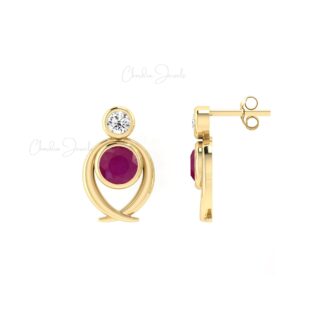 Bezel Set 2 Stone Studs In 14k Pure Gold Burma Ruby 0.9 Ct Gemstone And Diamond Earrings