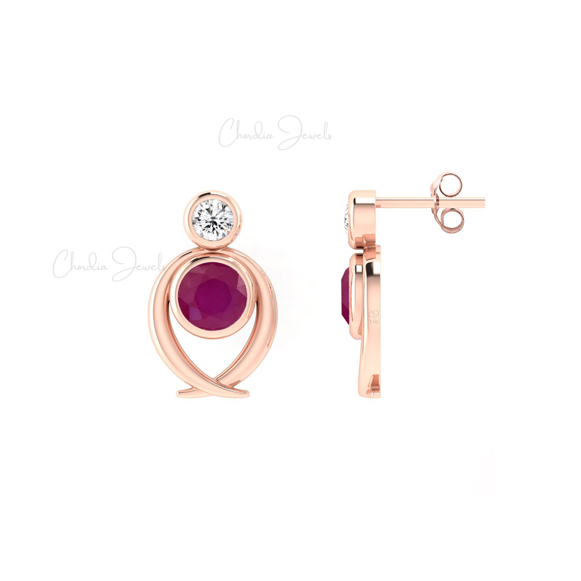 Bezel Set 2 Stone Studs In 14k Pure Gold Burma Ruby 0.9 Ct Gemstone And Diamond Earrings