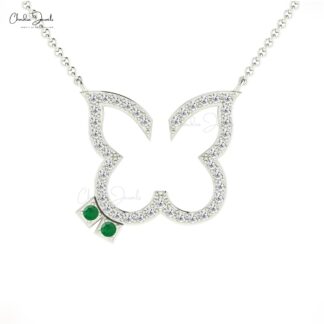 Round Cut Dainty Necklace with 0.06 Ct Emerald And Diamond 14k Real Gold Butterfly Necklace