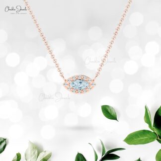 Halo Minimal Necklace With 0.17 Ct Aquamarine And Diamond Chain Necklace In 14k Pure Gold