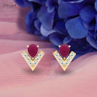 Teardrop Burma Ruby Earring In 14k Solid Gold Chevron Diamond Push Back Studs