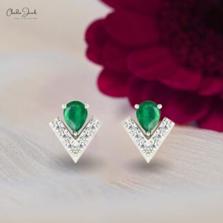 Chevron Diamond Studs With 4x3mm Zambian Emerald 7 Stone Earrings In 14k Solid Gold