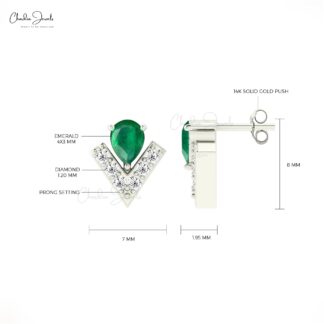Chevron Diamond Studs With 4x3mm Zambian Emerald 7 Stone Earrings In 14k Solid Gold