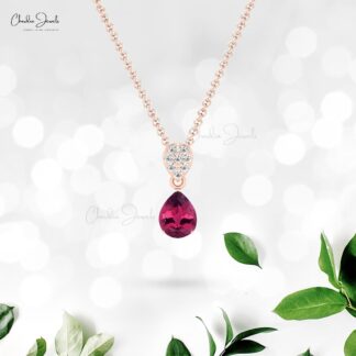 AAA Pink Tourmaline Pendant 9X7mm Pear Cut Pendant In 14k Solid Gold White Diamond