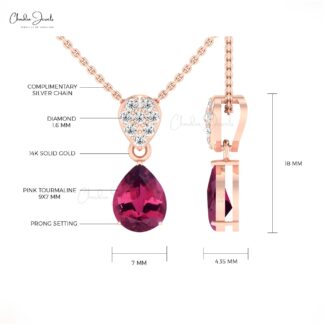 AAA Pink Tourmaline Pendant 9X7mm Pear Cut Pendant In 14k Solid Gold White Diamond