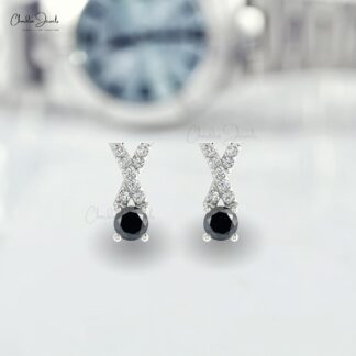 April Birthstone Black Diamond Criss Cross Earring 14k Solid Gold White Diamond Earring 5mm Round Cut Handmade Gemstone Earrings For Wife