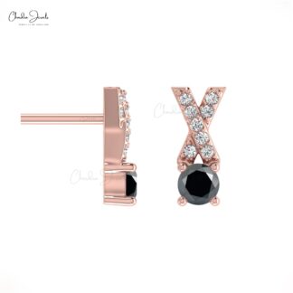 April Birthstone Black Diamond Criss Cross Earring 14k Solid Gold White Diamond Earring 5mm Round Cut Handmade Gemstone Earrings For Wife