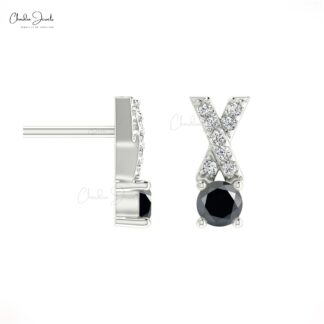 April Birthstone Black Diamond Criss Cross Earring 14k Solid Gold White Diamond Earring 5mm Round Cut Handmade Gemstone Earrings For Wife