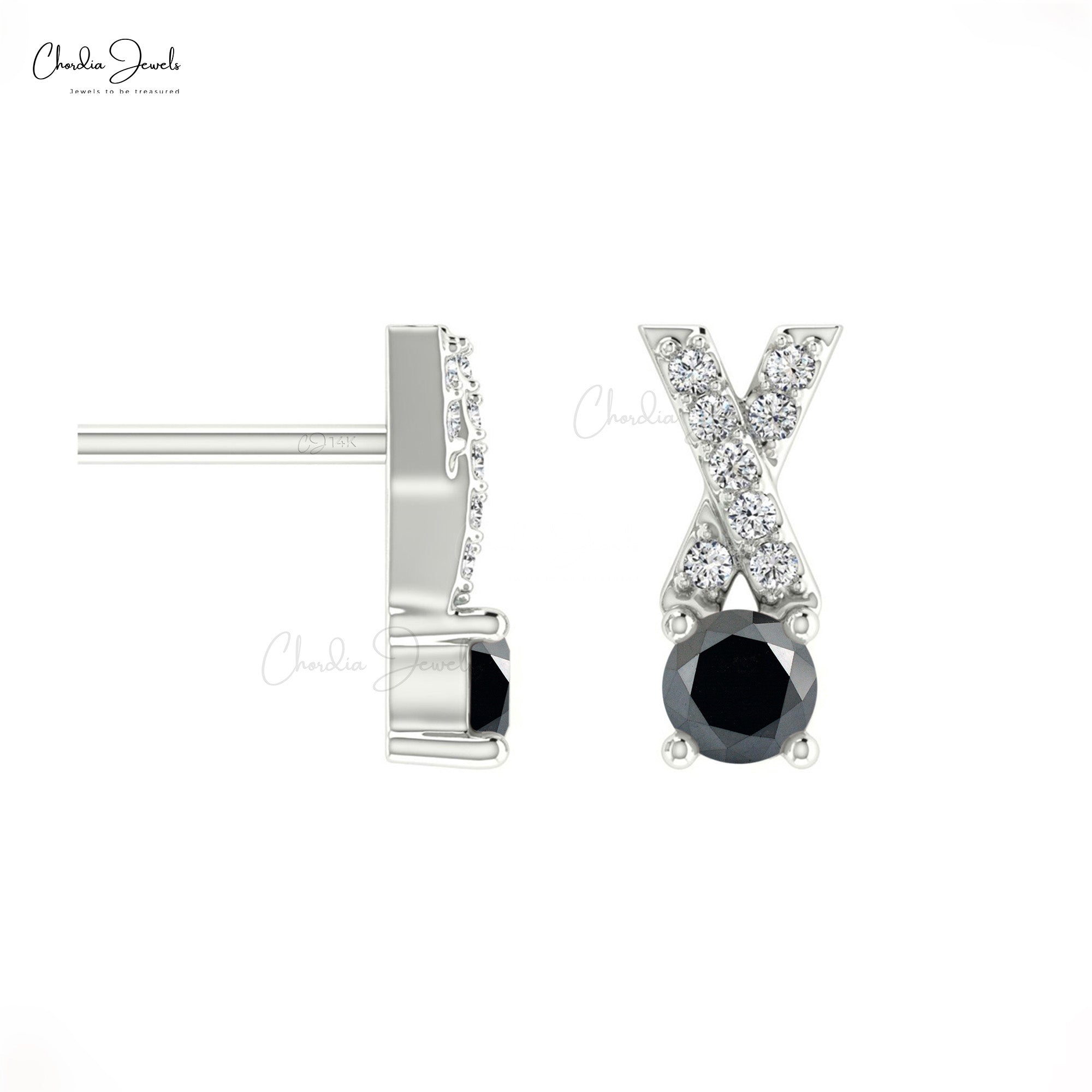 April Birthstone Black Diamond Criss Cross Earring 14k Solid Gold White Diamond Earring 5mm Round Cut Handmade Gemstone Earrings For Wife