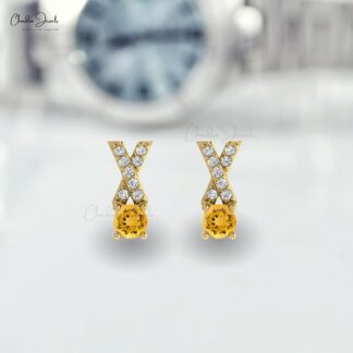 Stunning Natural Citrine Earring14k Solid Gold White Diamond Criss Cross Studs Earring 5mm Round Cut Handmade Gemstone Earrings For Women’s