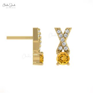 Stunning Natural Citrine Earring14k Solid Gold White Diamond Criss Cross Studs Earring 5mm Round Cut Handmade Gemstone Earrings For Women’s
