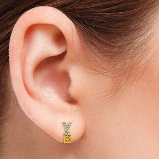 Stunning Natural Citrine Earring14k Solid Gold White Diamond Criss Cross Studs Earring 5mm Round Cut Handmade Gemstone Earrings For Women’s