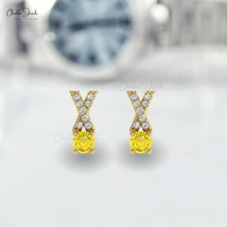 Natural Yellow Sapphire Criss Cross Handmade Studs Earring 14k Solid Gold White Diamond Earring 5mm Round Cut Gemstone Earring For Women’s