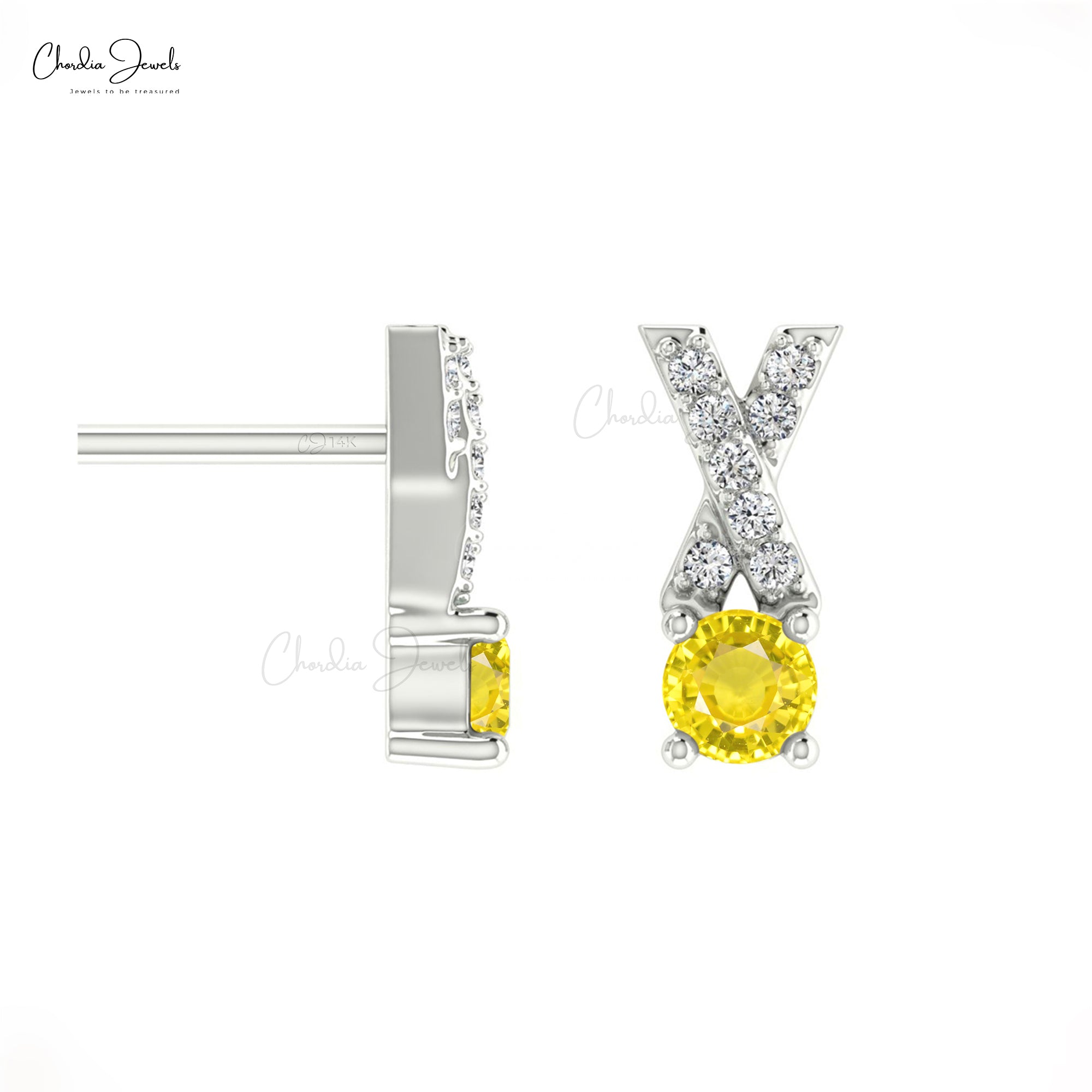 Natural Yellow Sapphire Criss Cross Handmade Studs Earring 14k Solid Gold White Diamond Earring 5mm Round Cut Gemstone Earring For Women’s