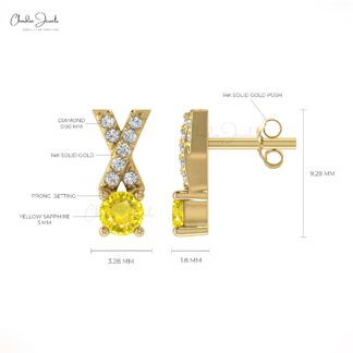 Natural Yellow Sapphire Criss Cross Handmade Studs Earring 14k Solid Gold White Diamond Earring 5mm Round Cut Gemstone Earring For Women’s
