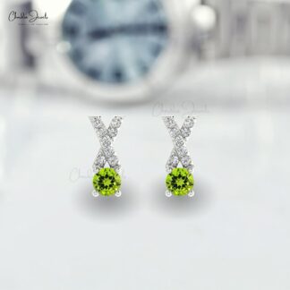 Natural Peridot Criss Cross Studs Earring 14k Solid Gold White Diamond Earring 5mm Round Cut Handmade Gemstone Earring For Anniversary Gift