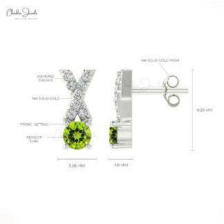 Natural Peridot Criss Cross Studs Earring 14k Solid Gold White Diamond Earring 5mm Round Cut Handmade Gemstone Earring For Anniversary Gift