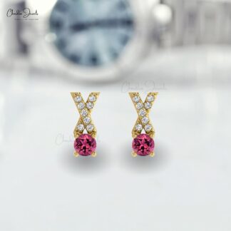 AAA Qaulity Pink Tourmaline Studs Earring In 14k Solid Gold With White Diamond Criss Cross Earring 5mm Round Cut Handmade Gemstone Earring For Women’s