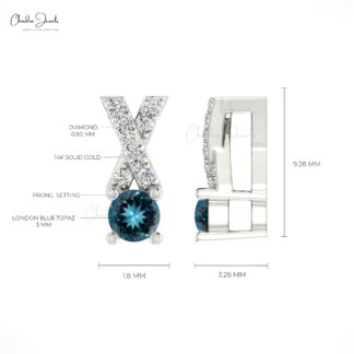 Dainty Criss Cross Charm in Real 14k Gold London Blue Topaz 5mm Gemstone Diamond Pendant