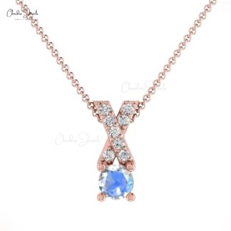Natural Moonstone Criss Cross Pendant In 14k Solid Gold Pave Diamond Women Jewelry