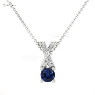 Round Gemstone Cross Pendant With 5mm Blue Sapphire And Diamond 14k Solid Gold Jewelry
