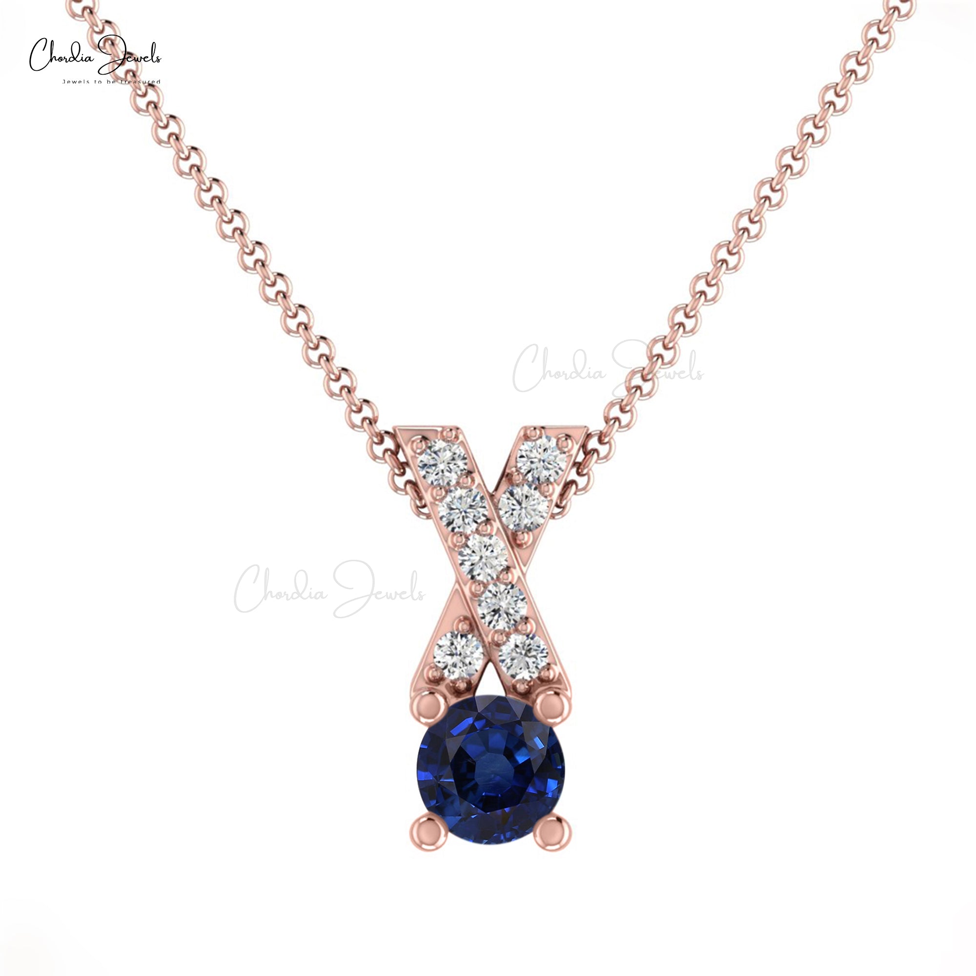 Round Gemstone Cross Pendant With 5mm Blue Sapphire And Diamond 14k Solid Gold Jewelry