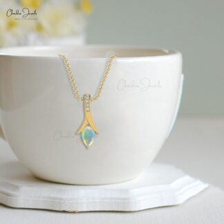 Solid 14k Gold Drop Pendant With 6x4mm Fire Opal And Diamond October Birthstone Pendants