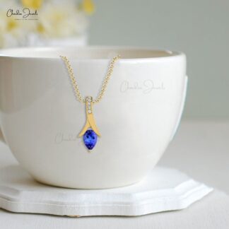 Tear Drop Women Pendant In Solid 14k Gold Tanzanite And Diamond Handmade Necklace