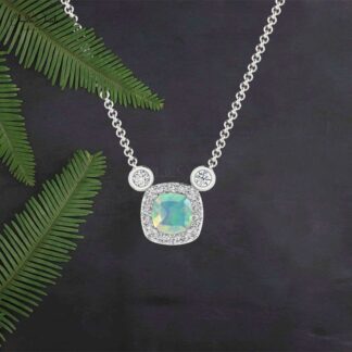 Halo Wedding Necklace In 14k Real Gold Fire Opal 0.20 Ct Gemstone And Diamond Jewelry