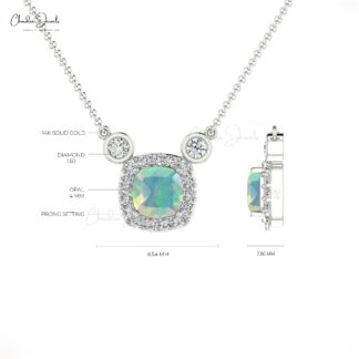 Halo Wedding Necklace In 14k Real Gold Fire Opal 0.20 Ct Gemstone And Diamond Jewelry