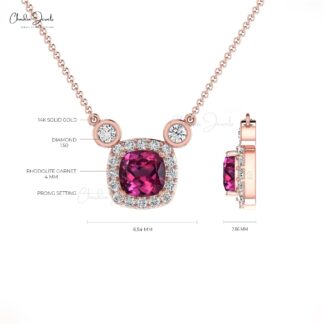 Natural Rhodolite Garnet 14k Solid Gold Diamond Halo Necklace